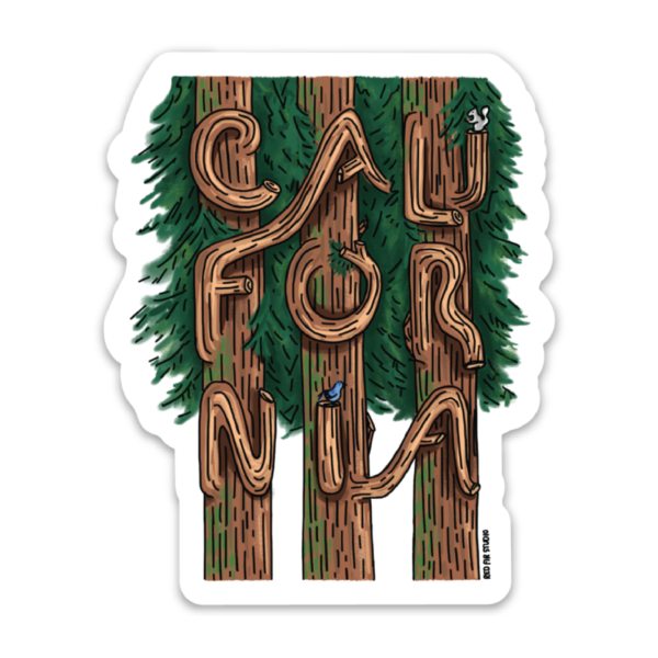 illustrated California sticker with redwood trees