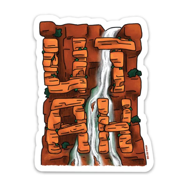 illustrated Utah sticker with red rocks and waterfall